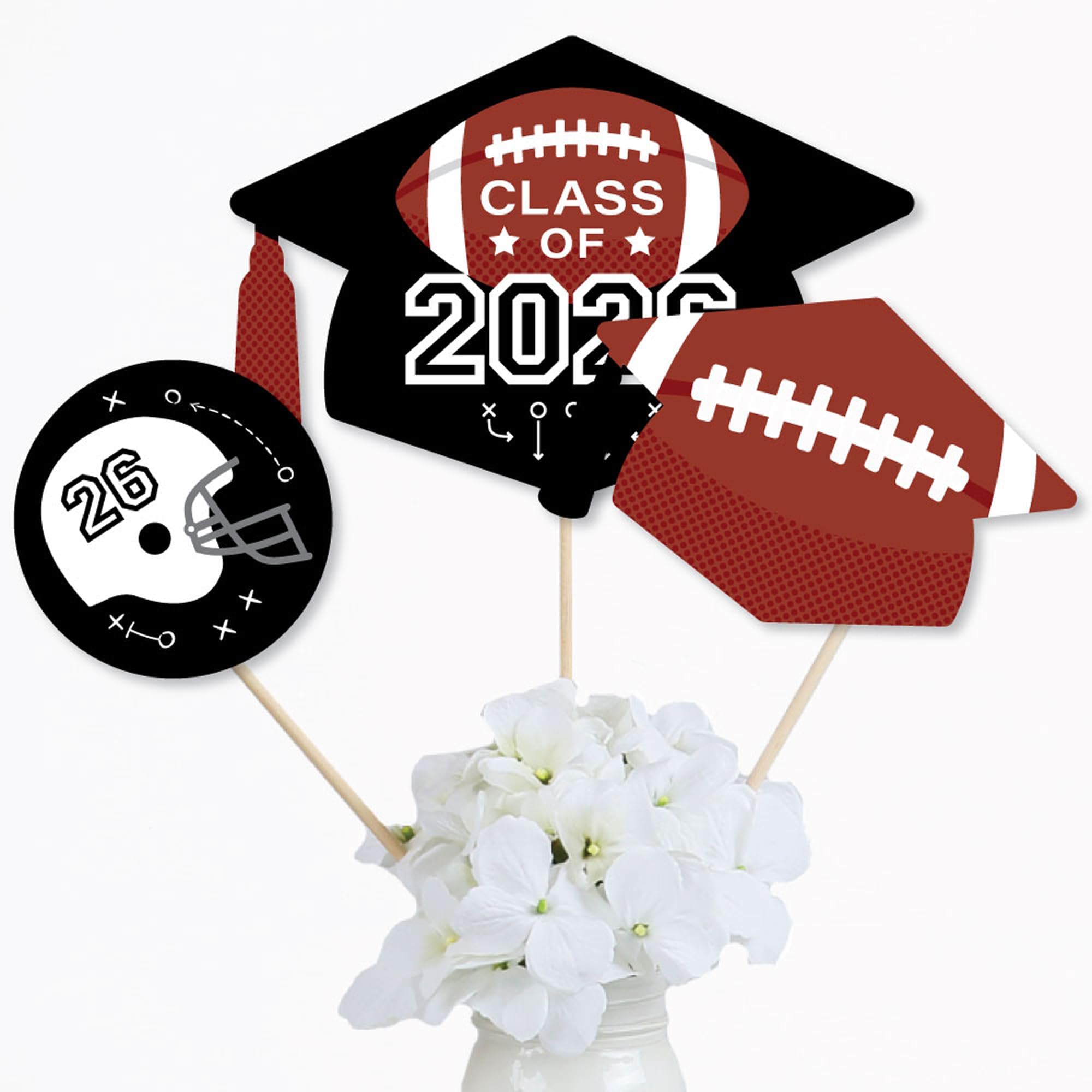 Big Dot of Happiness Grad Football - 2026 Graduation Party Centerpiece Sticks - Table Toppers - Set of 15