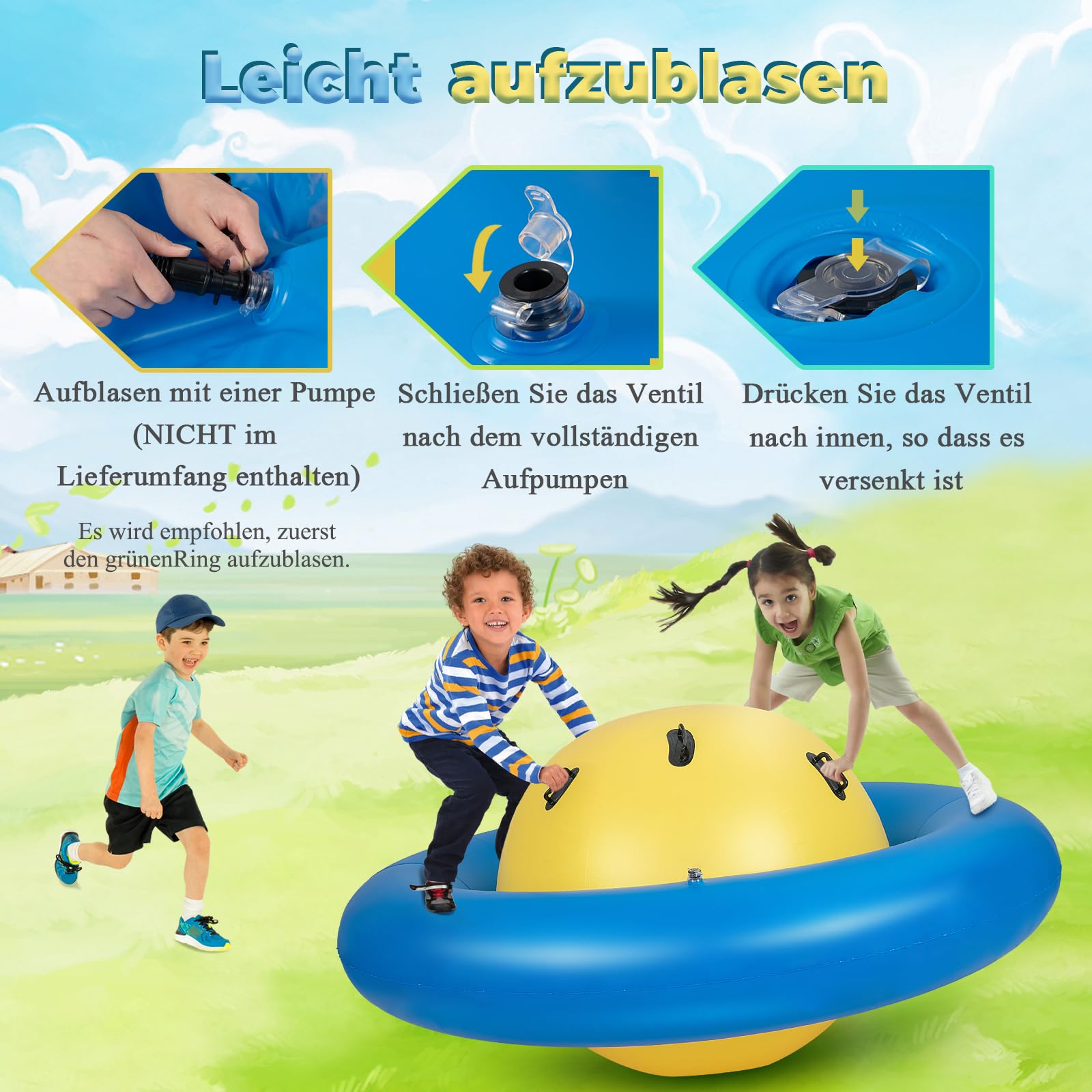 SOARS Aufblasbare Kletterkugel, Hüpfball für Kinder Mit 6 Griffen, Kletterkuppel, 113kg Belastbar, ab 5 Jahren (Gelb + Blau)