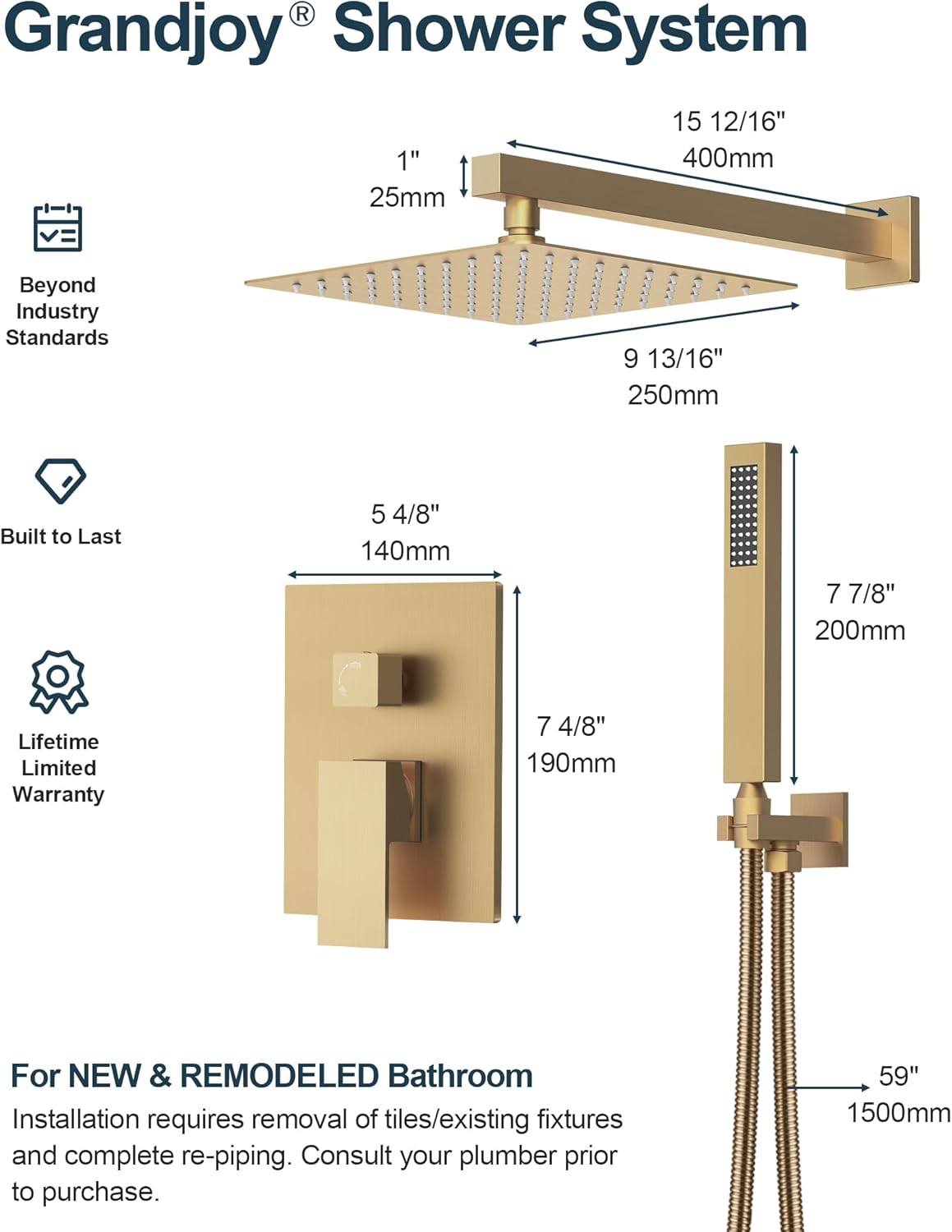 10 Inch Shower Faucet Set, High Pressure Rainfall Shower Head and Handheld Sprayer Combo, Brushed Gold