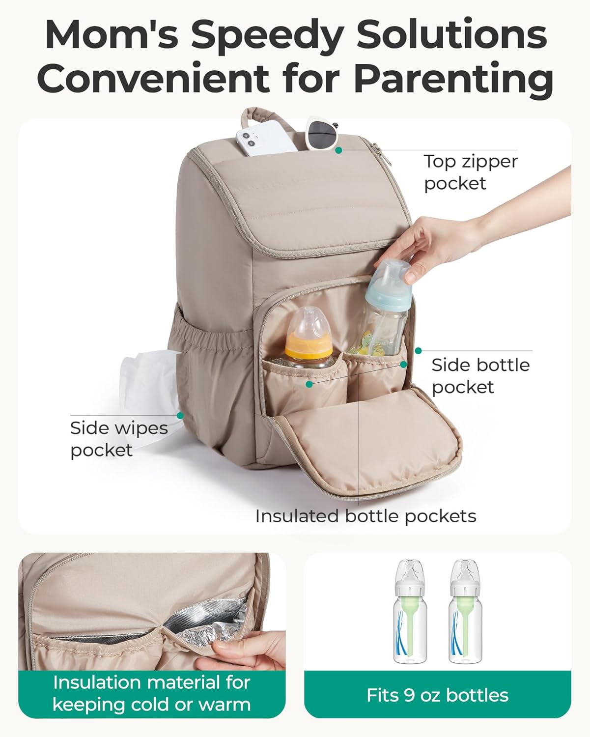 BAGSMART Diaper Bag Backpack, Large Baby Diaper Bag, Quilted Puffy Baby Bag for Mom with Quick-access Insulated Pockets, Lightweight Versatile Travel Backpack - Image 2