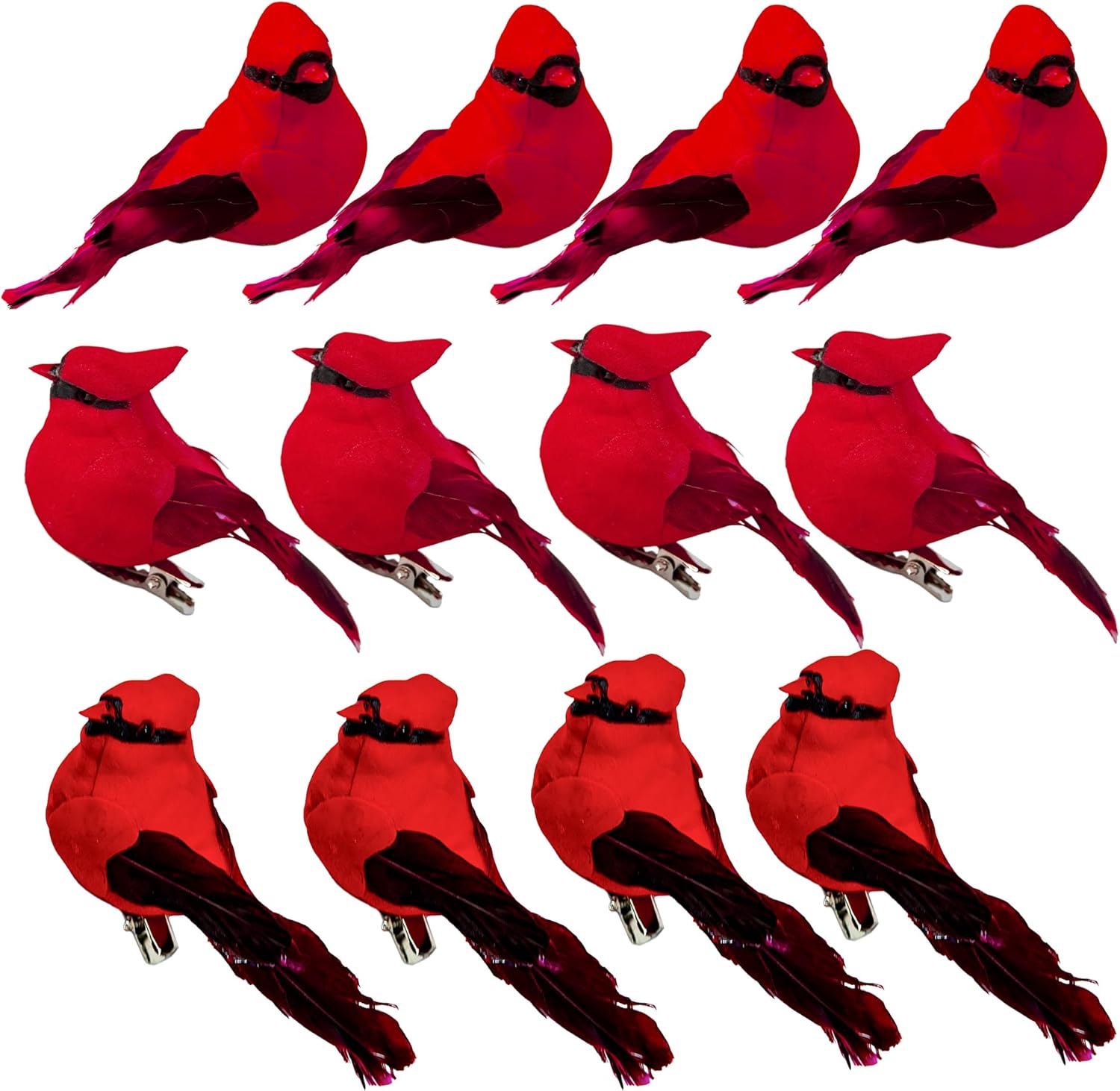Cartanfill-Cardinal Clip On Christmas Tree Ornament Decorations, Set of 12, Red Feather Birds, 3 inches Long