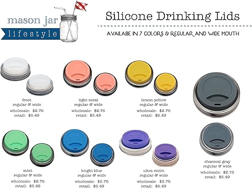 Miniatura 4 de Mason Jar Lifestyle - Tapas de silicona para beber con bandas de acero inoxidable a prueba de óxido (paquete de 2, gris carbón, boca regular)