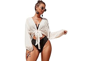 Verdusa Women's Tie Front Long Sleeve Swimsuit Kimono Cover Up Wrap Blouse Top