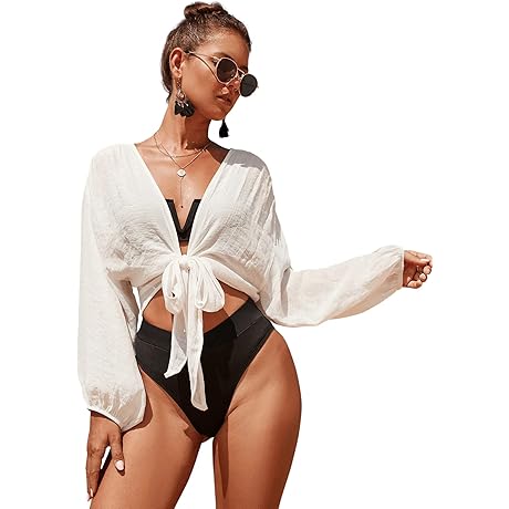 Verdusa Women's Tie Front Long Sleeve Swimsuit Kimono Cover Up Wrap Blouse Top