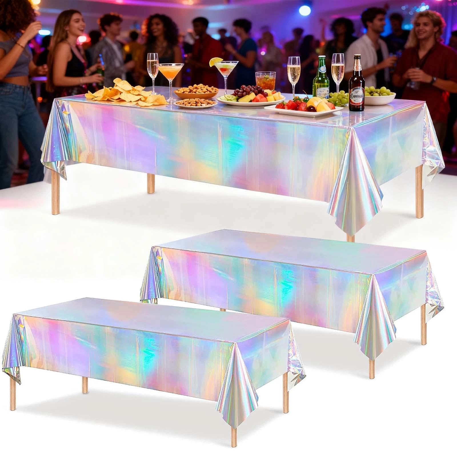Jiuchaotong Girls Rainbow Colors 2 Pcs Iridescent Party Tablecloth, 137×274Cm, Party Table Cloths, Pet Holographic Table Cloths, For Mermaid/Under Sea/Ocean Theme Birthday Decorations