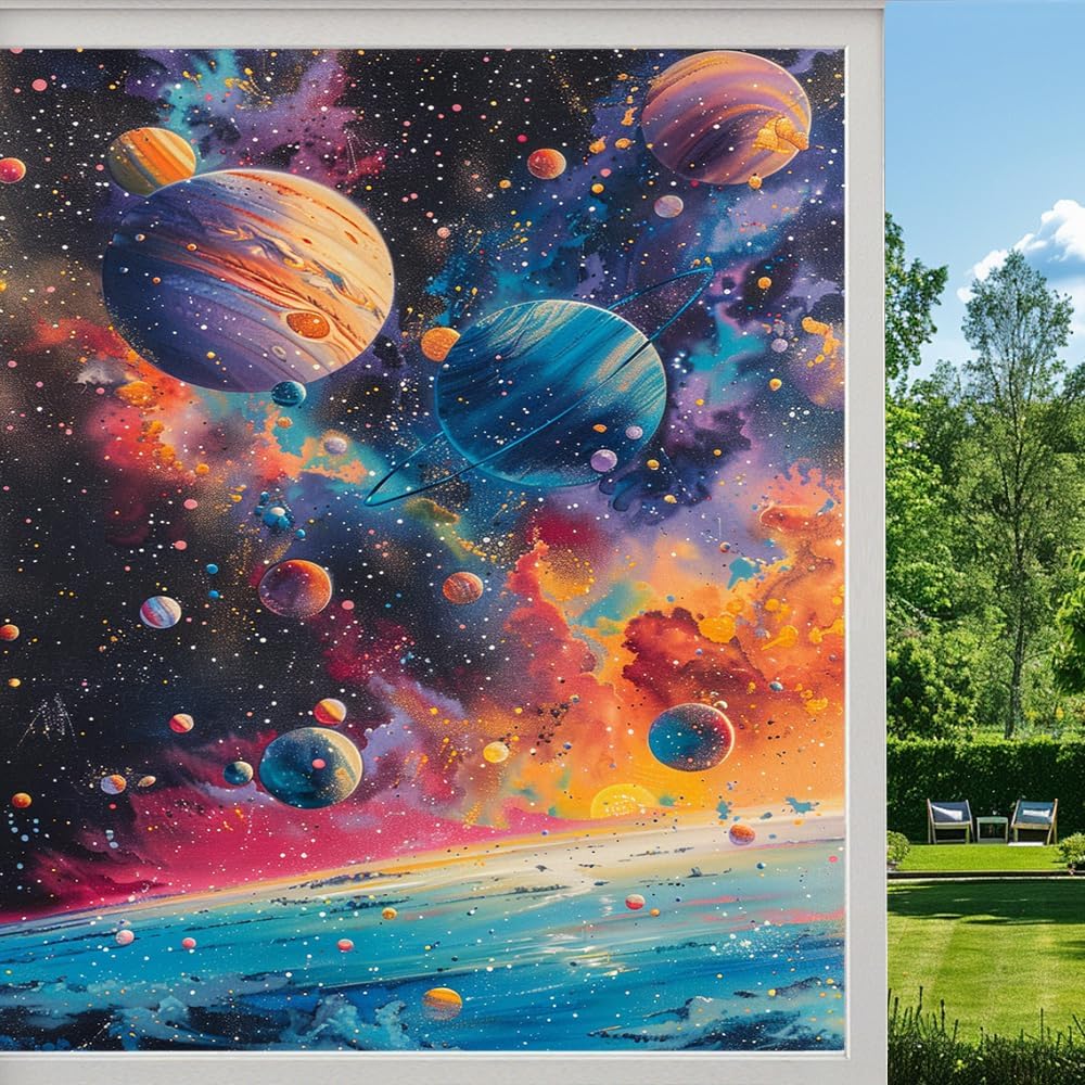 Colourful Abstract Planets Stained Glass Window Film, Fantasy Nature Space Peel and Stick Frosted Privacy Film, Adhesive Vinyl Decorative for Bathroom Windows Glass Doors, 31.5Wx55.1L inch