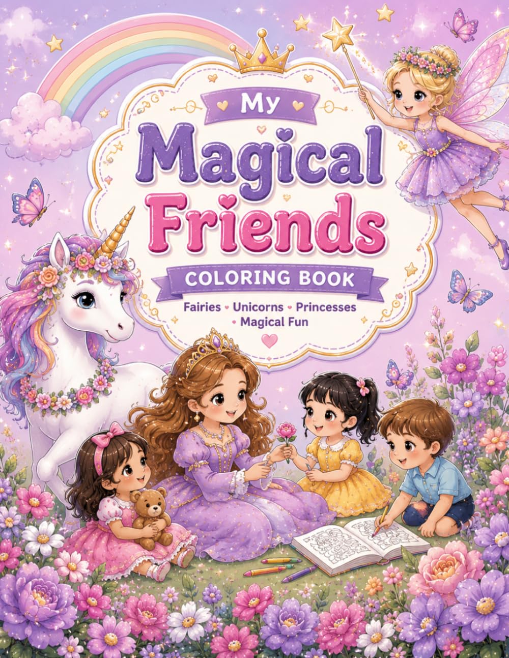 Fairy, Unicorn, Princess & Mermaid Coloring Book for Kids Age 3+: Cute and Easy Magical Coloring Pages Featuring Fairies, Unicorns, Princesses, ... Flowers, and Fantasy Adventures for Girls