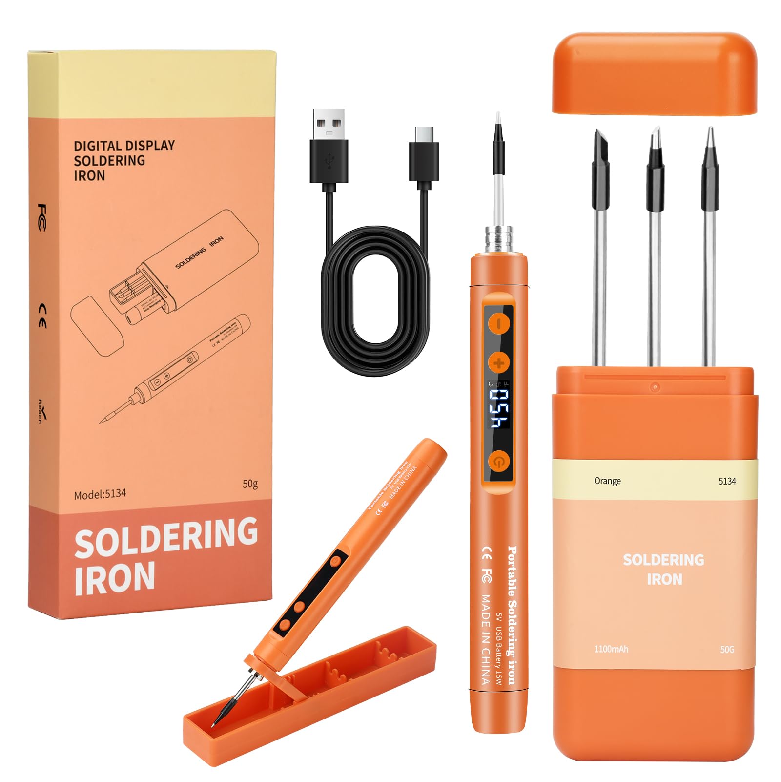 Voktta Wireless Portable Soldering Iron Set with Storage&Stand, USB Soldering Iron with LCD, Adjustable Temperature 180-450°C, 3 Soldering Tips, for Repairing Circuit Board, Welding Repair - Orange