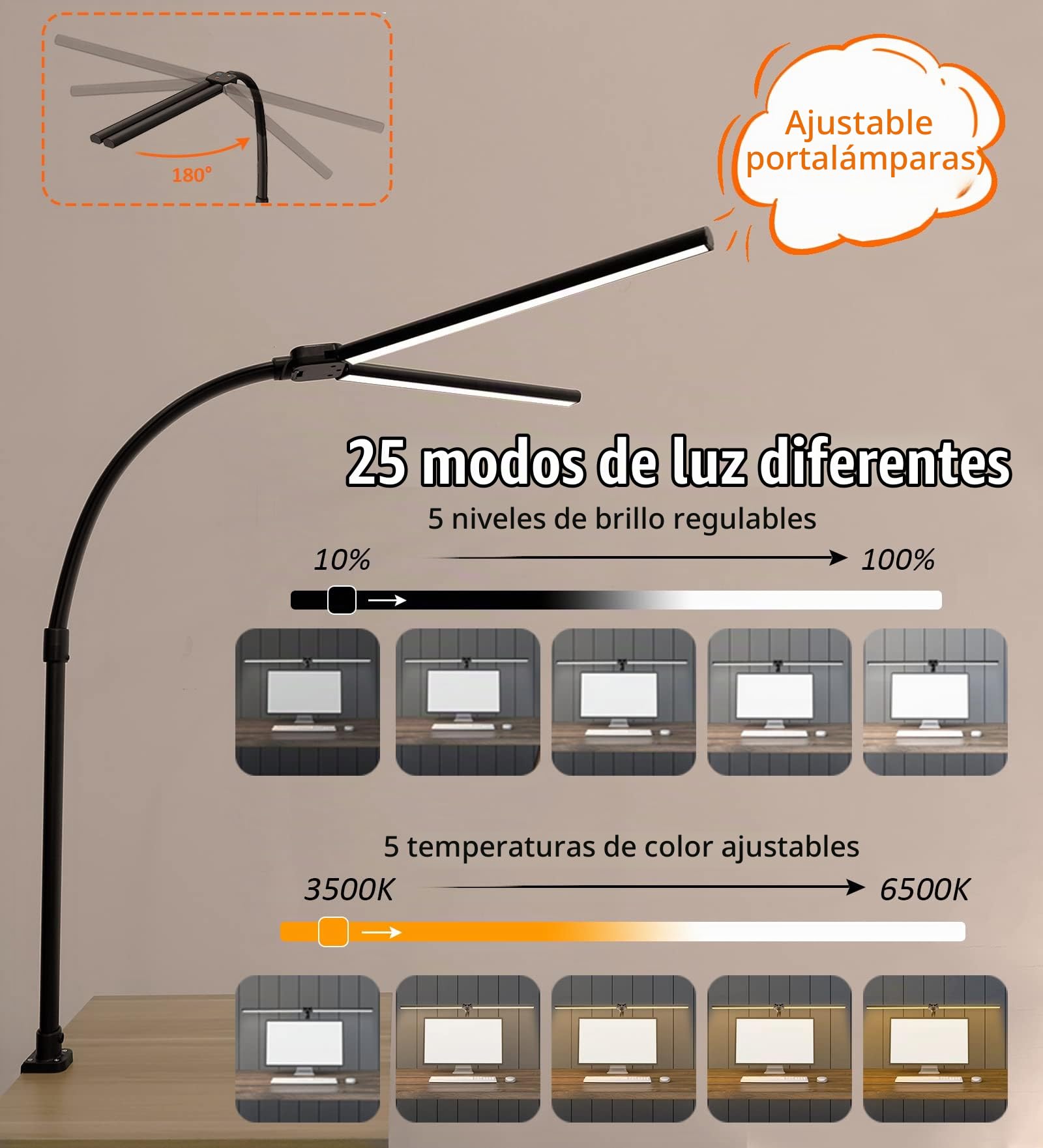 LOTTBUTY Lampara Escritorio LED de Doble Cabeza,24W 80CM lampara Led Escritorio de Regulable,5 Temperaturas Color 5 Niveles Brillo,Protección Ocular Luz Monitor con pinza para Oficina,Estudio,Diseño