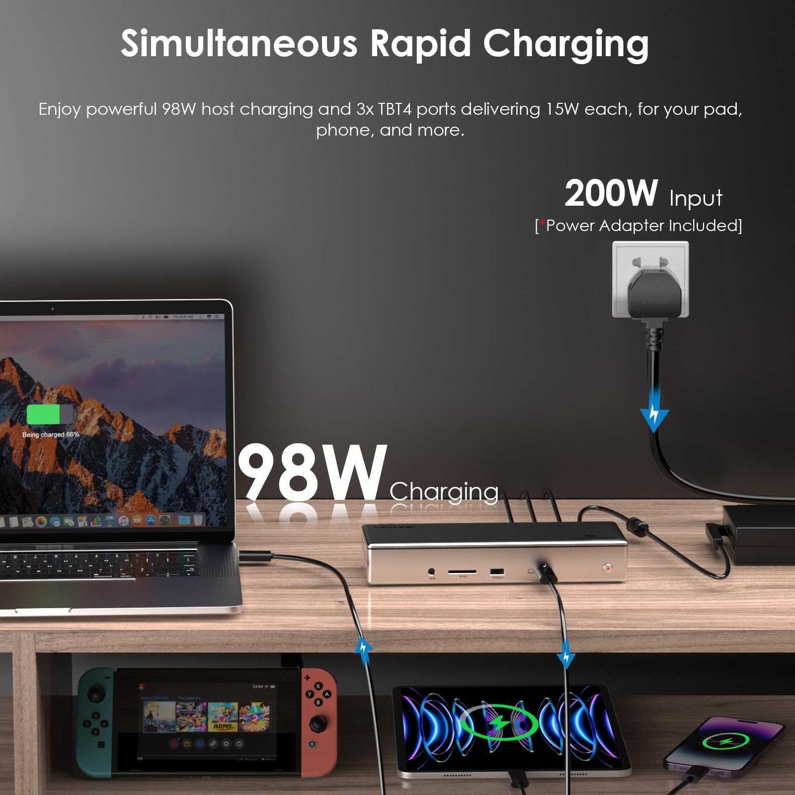 Thunderbolt 4 Quad Display Docking Station (15 en 1), WAVLINK 40Gbps Dock Station con 98W de Carga, Single 8K@30Hz, Quad 4K@60Hz, 2.5G RJ45, SD V4.0, 10Gbps USB3.1, para MacBook Pro/Air y Más