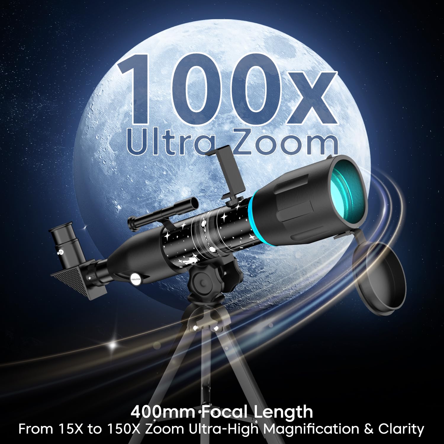 Sounce StellarScope Refractor Telescope with 96x Zoom, Glass Optics, Black — Amazon image 2