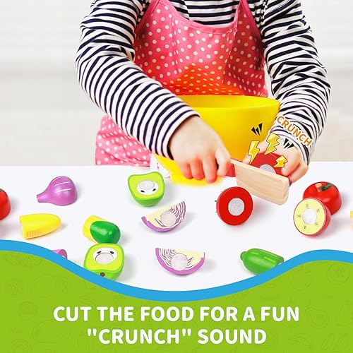 Miniatura 8 de MerryPony Juego de 30 piezas de alimentos de madera para niños, accesorios de cocina, frutas y verduras de velcro para niños pequeños, juguetes de