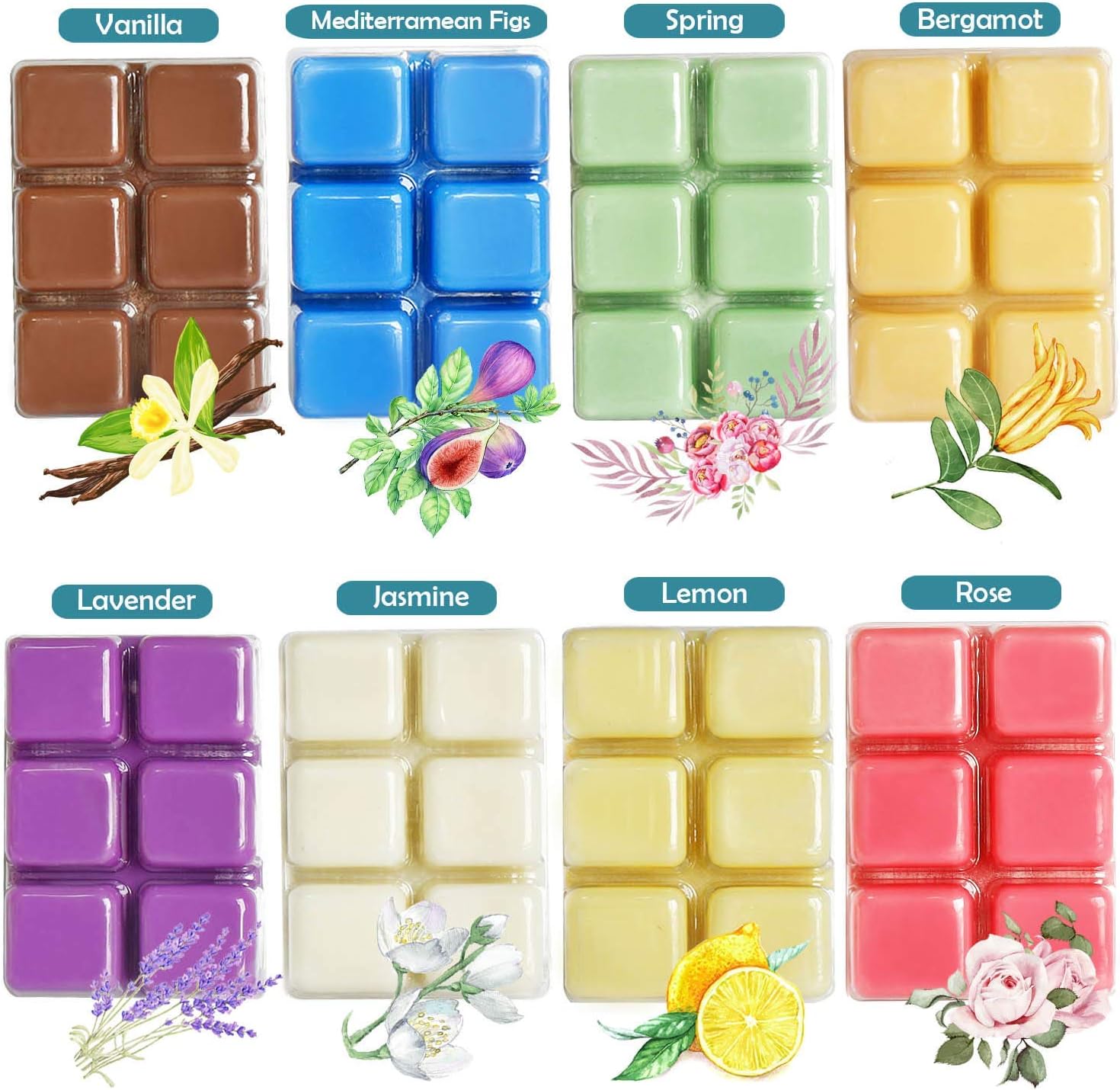 YCYHScented Wax Melts -Set of 8 (2.5 oz) Assorted Wax Warmer Cubes/Tarts - Jasmine, Rose, Bergamot, Fig, Vanilla, Lemon, Spring, Lavender