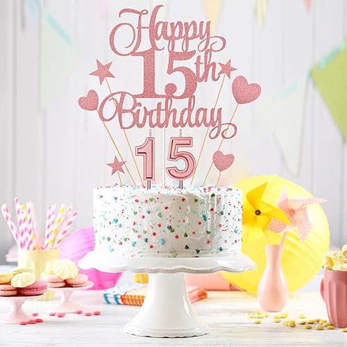 Miniatura 4 de El juego de decoraciones para tartas de cumpleaños de 15 años incluye velas digitales 1 y 5 números 15 velas para tartas y adornos de feliz
