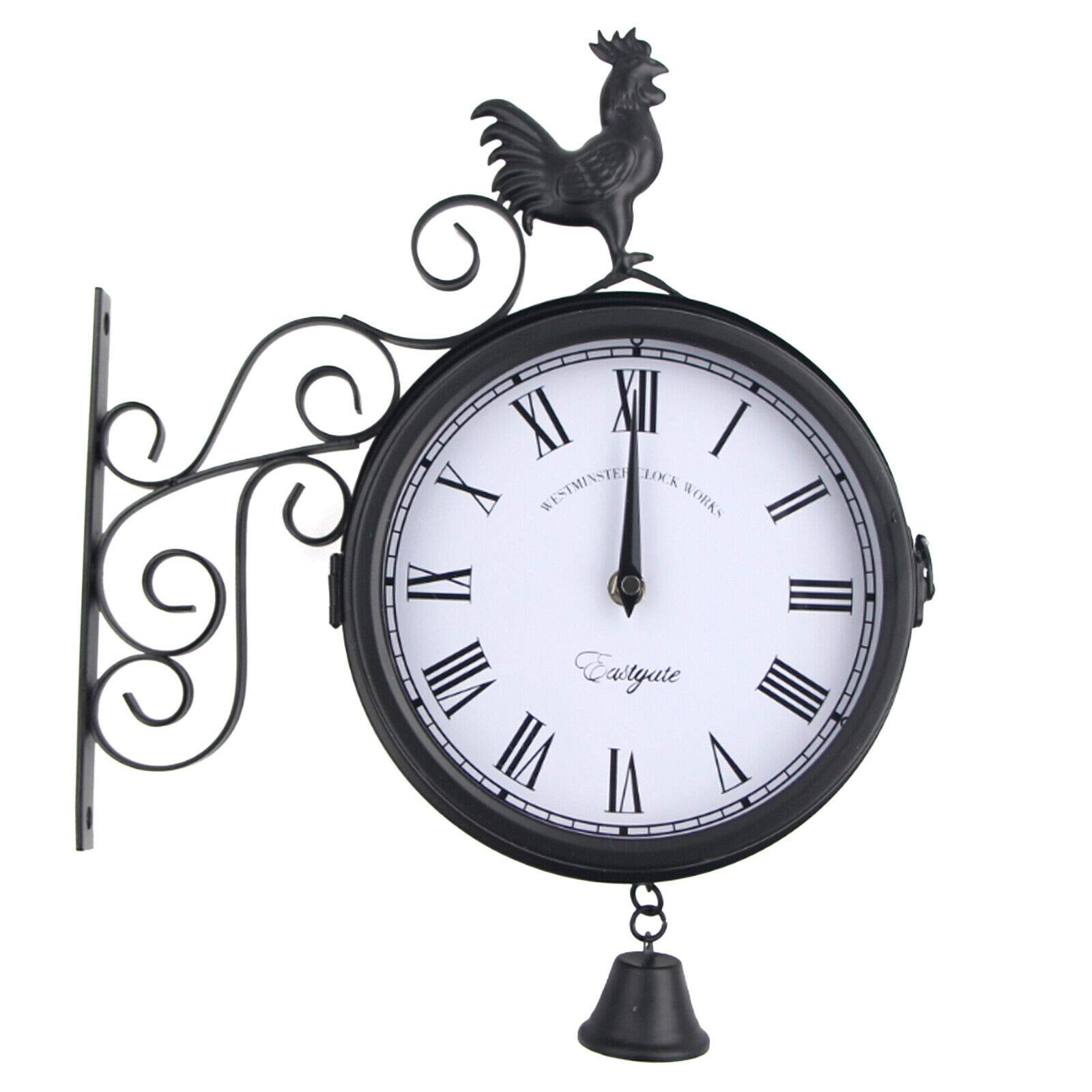 Reloj de pared retro, estilo antiguo, reloj de estación de tren de doble cara, metal redondo, para exteriores, decorativo, 30 x 9 x 37 cm, para jardín, pasillos, porche, estación de tren