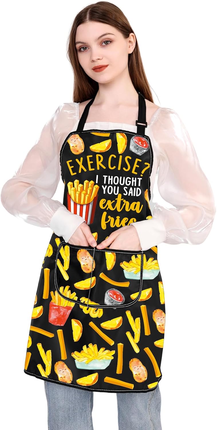 BDPWSS Funny French Fries Gifts Fries Lover Gift Foodie Gift Exercise? I Thought You Said Extra Fries Apron With Pockets