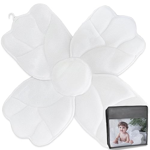 Cojín de flores de baño para bebé, tela de malla 3D transpirable, cojín de asiento de flores para baño de bebé con 4 pétalos, almohadilla de bañera