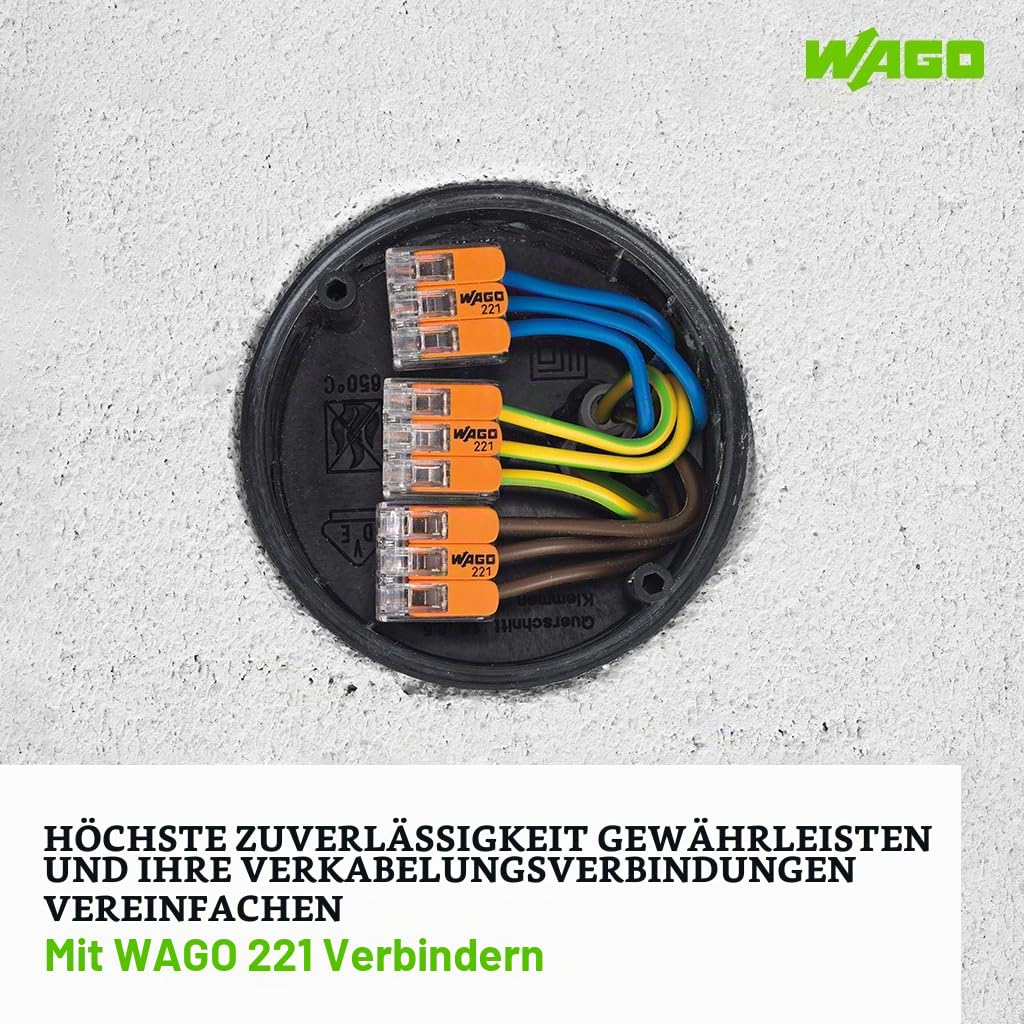 Wago Klemmen der Serie 221-413 Hebelklemmen Dosenklemmen Verbindungsklemmen Klemme Steckklemmen | Transparente Steckklemmen fuer flexible Kupferdraehte, 40 Prozent kleiner als Serie 222, mit orangenem Betaetigungshebel