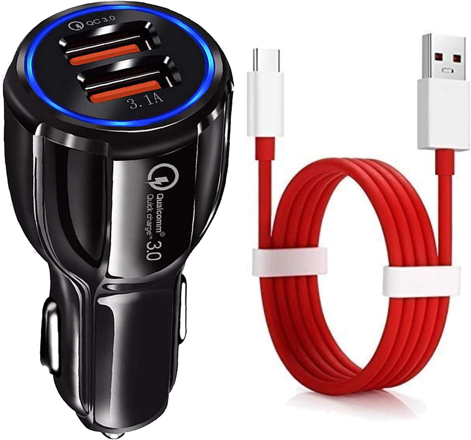 30W Car Charger for Renault KWID Original QC Adapter Type C 3.0A High Speed Fast Turbo Charge QC 3.0 Smart Dualport with 1m Type-C Red Dash Charging & Sync Cable (Black, VT.H2)