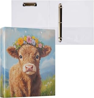 Highland Cow Round Ring Binders 1.5 Inch Cowboy Flower 3 Ring Clipboard Binder for Office School Work Supplies File Folder Document 200 Sheet Capacity Easy Open