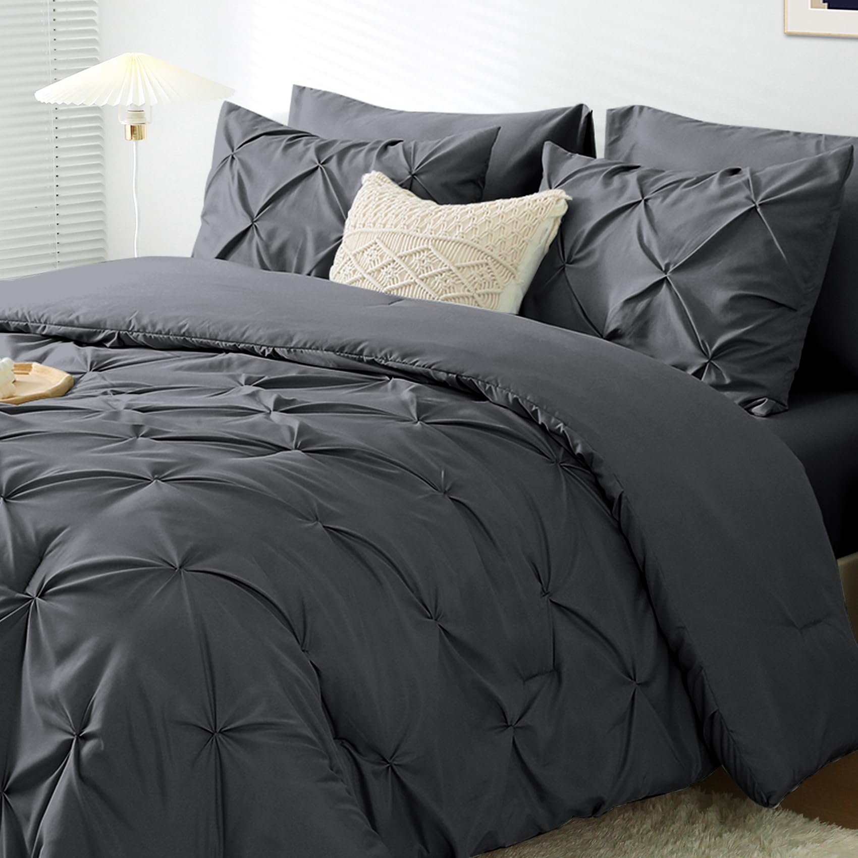 JOLLYVOGUE Queen Comforter Set 7 Pieces - Bed in a Bag Queen for All Season, Ultra Soft Fluffy Queen Bedding Sets with Comforter, Flat Sheet, Fitted Sheet and Pillowcases & Shams - Dark Grey