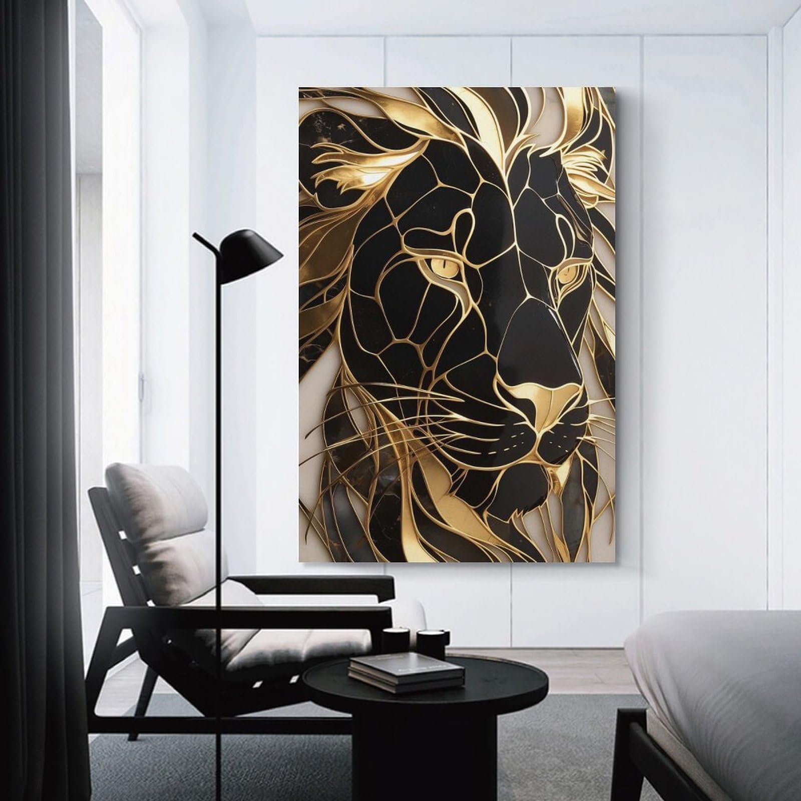 Junmoney Room Decor Wall Art Golden Black Lion Stained Glass Art, 20x30inch(50x75cm), for Workspace Walls, Study Corners Or Bedrooms, A Smart Decor Choice for Study Walls