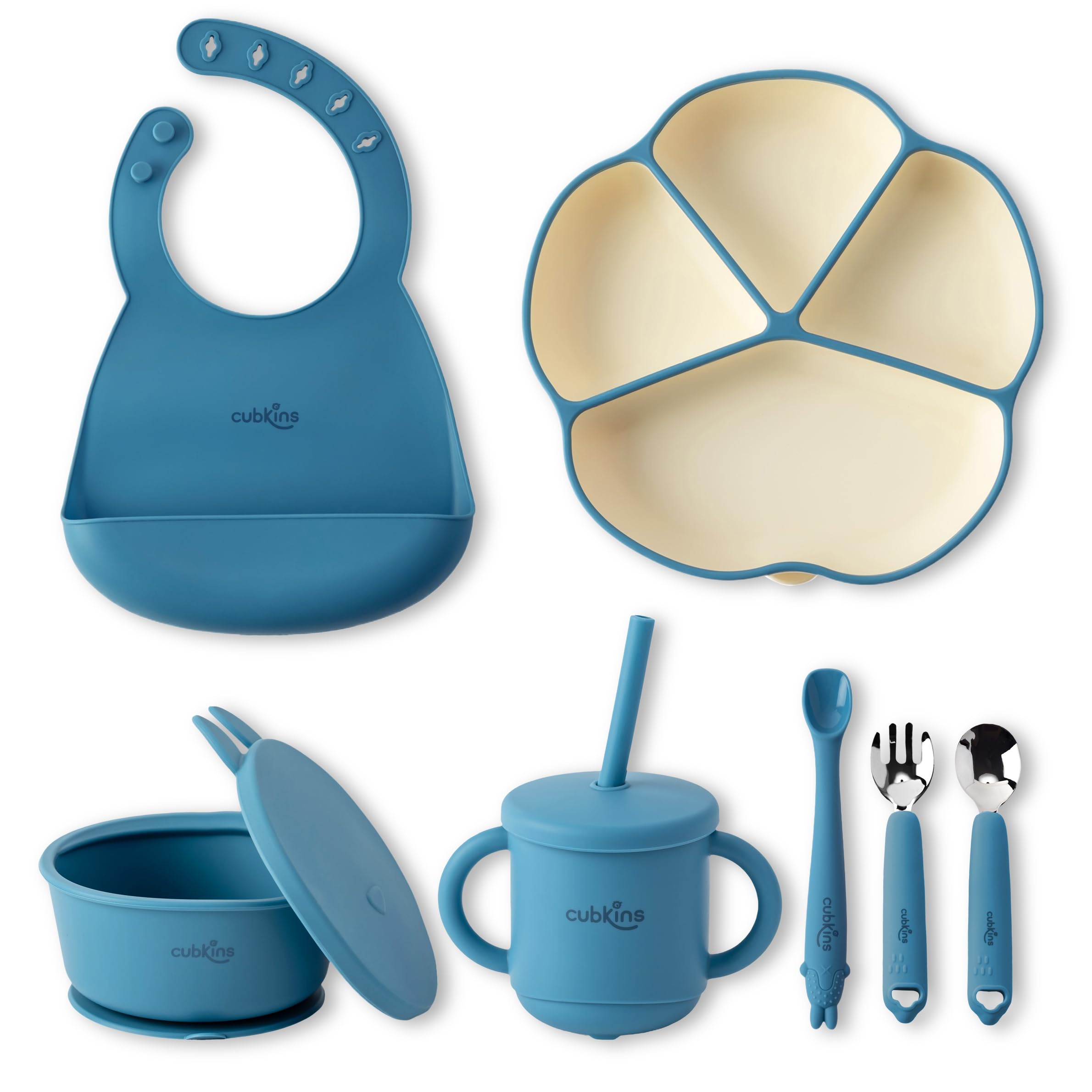 Cubkins Silicone Essential Feeding Set for Babies, Toddlers, Kids | BPA-Free & Microwave Safe | Plate & Bowl w Suction, Sippy Cup w Straw & Lid, Spoon, Fork, Early Feeding Spoon & Bib (Blue Olive)-image-28