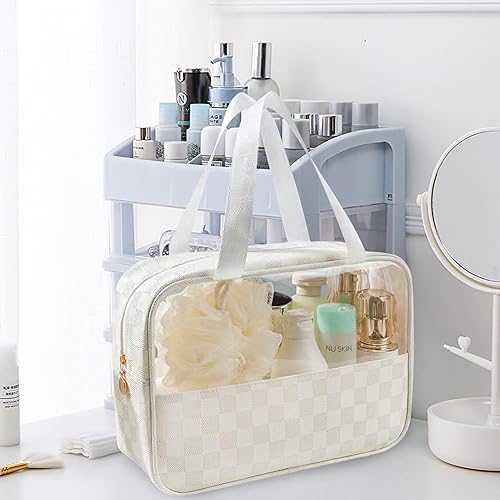 Miniatura 6 de Bolsa de cosméticos de viaje de gran capacidad, bolsa de cosméticos, bolsa de maquillaje portátil impermeable de piel sintética con divisores y asa