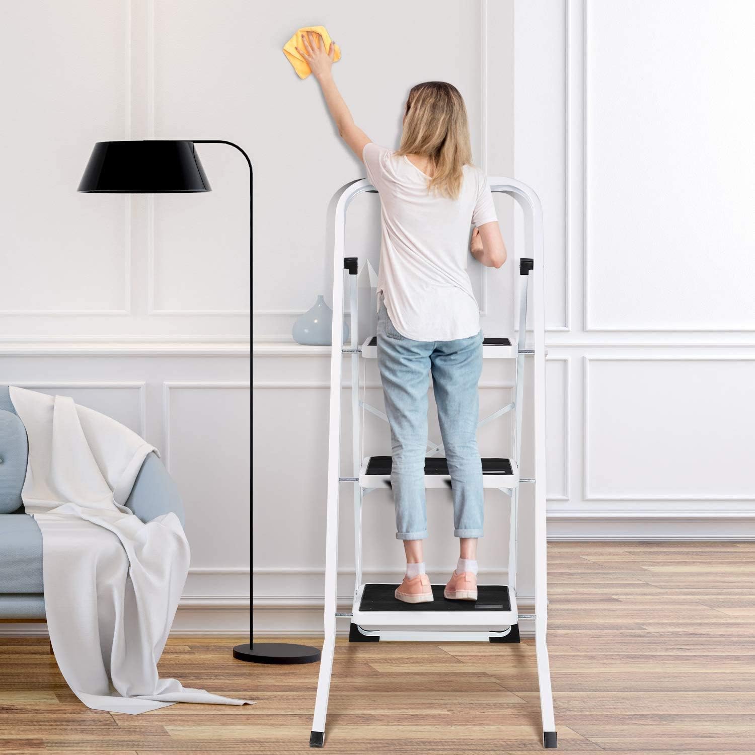 HOBBYTECH Esacbeau en Acier 3 Marches Tabouret Marche Pied Pliant Pieds Anti-dérapant Max 150Kg