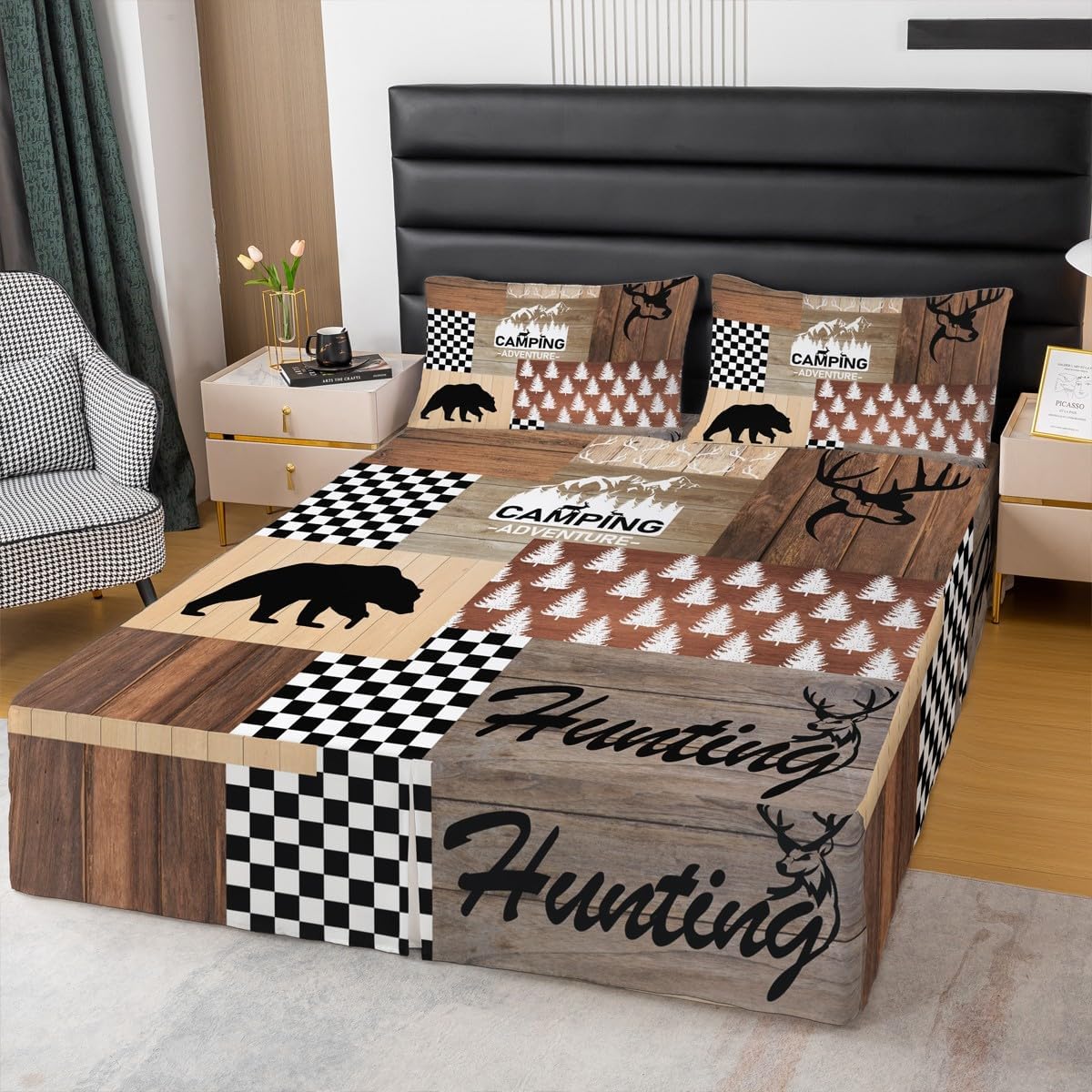 Camping Hunting Bed Wrap Sheet Set Queen Size, Bear Deer Silhouette Wooden Pattern Bed Skirt Rustic Farmhouse Bed Skirt, Geometric Plaid Dust Ruffle Pleated Bedskirt with Split Corners