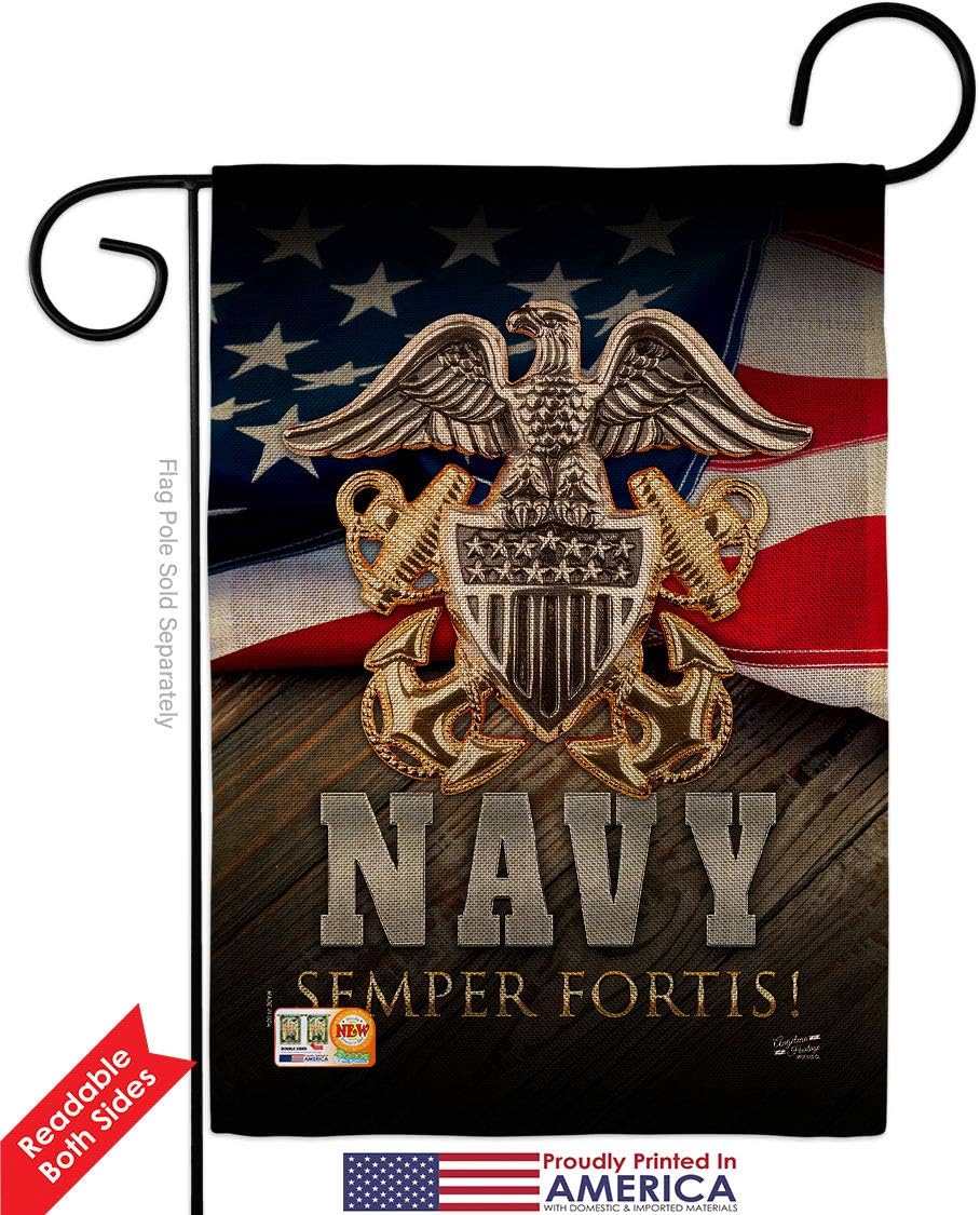 US Navy Semper Fortis Burlap Garden Flag Set with Stand Armed Forces USN Seabee United State American Military Veteran Retire Official Small Gift Yard House Banner Double-Sided Made In USA 13 X 18.5