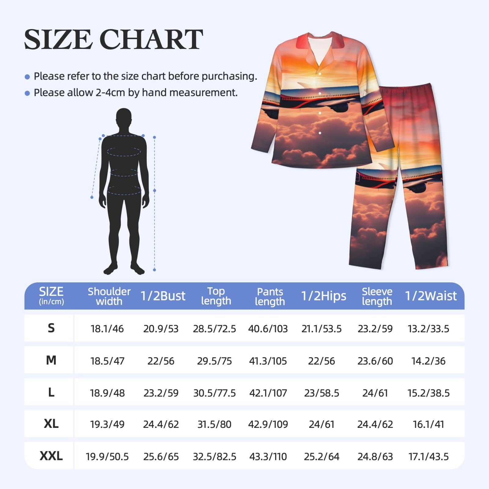 Pigiama da uomo a maniche lunghe con stampa cielo tramonti aeroplano set due pezzi traspirante accogliente Weekend Loungewear