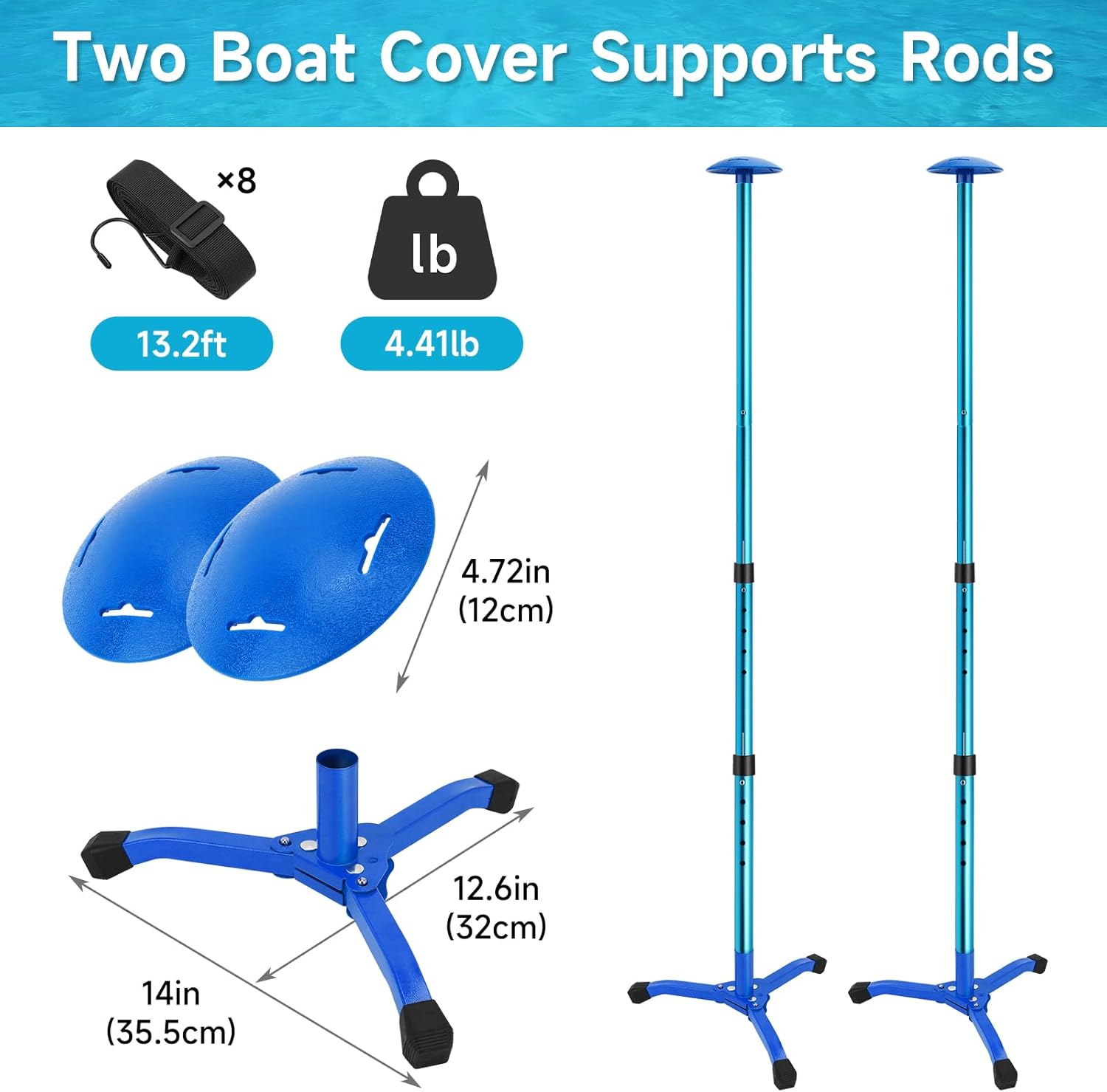 Boat Cover Support Poles Adjustable 2 Pieces with 8 Ropes and Triangular Iron Square Tube Base, Aluminum Tube Glass Bead Connection Diameter 53.5 in, for Pontoon/Jon Boat Cover/Bimini Tops