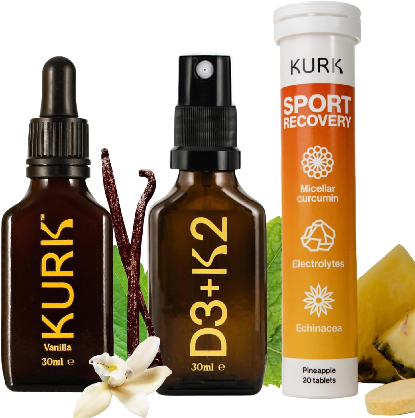 High Strength Liquid Curcumin Oil from Turmeric (Vanilla 1 Fl Oz), Sport Electrolyte Tablets (Pineapple 20 Tabs), and Vitamin D3 K2 Oral Spray Bundle