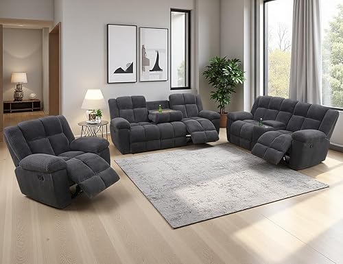 Miniatura 16 de Juego de sofá reclinable de pana, sofá reclinable manual con portavasos/mesa auxiliar, cómodos sofás reclinables de tela, juegos de muebles de sala