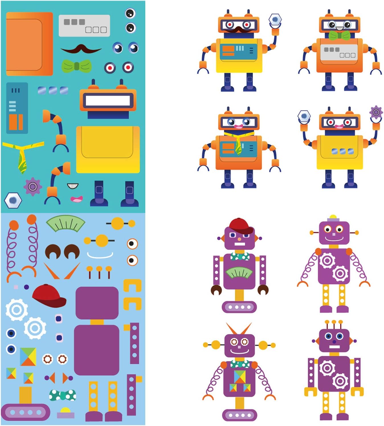 Konsait 48 Sheets Robot Stickers for Kids, Make Your Own Robot Face Stickers - Perfect for Boys, Girls, Birthday Parties, School Rewards