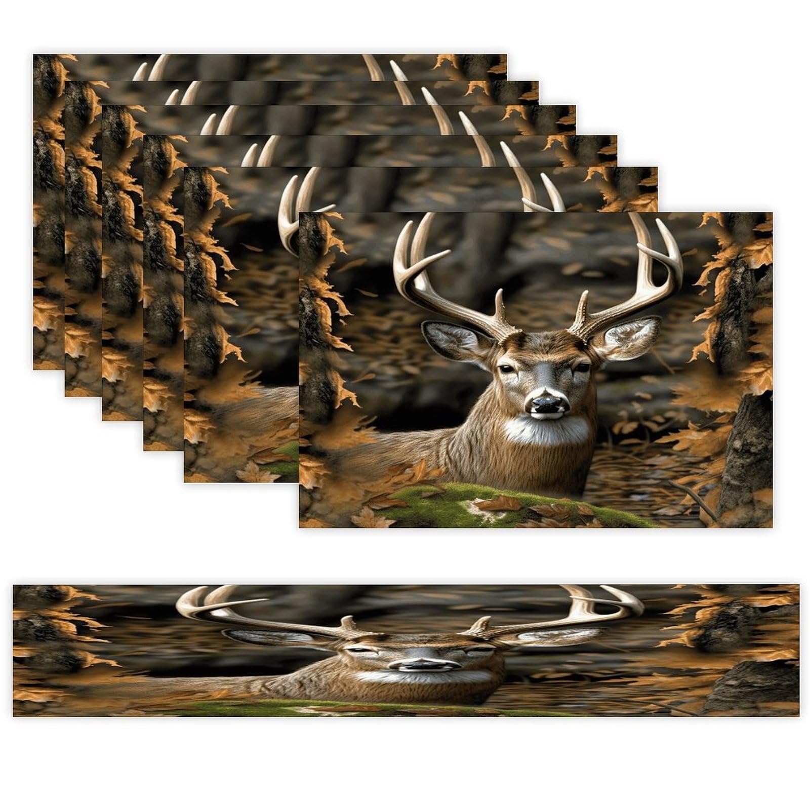 Camouflage Deer Table Runner and Placemats of 6 Washable Heat Resistant Place Mats with Table Runner Vintage Holiday Table Mat Set for Holiday Party Kitchen Dining Deco