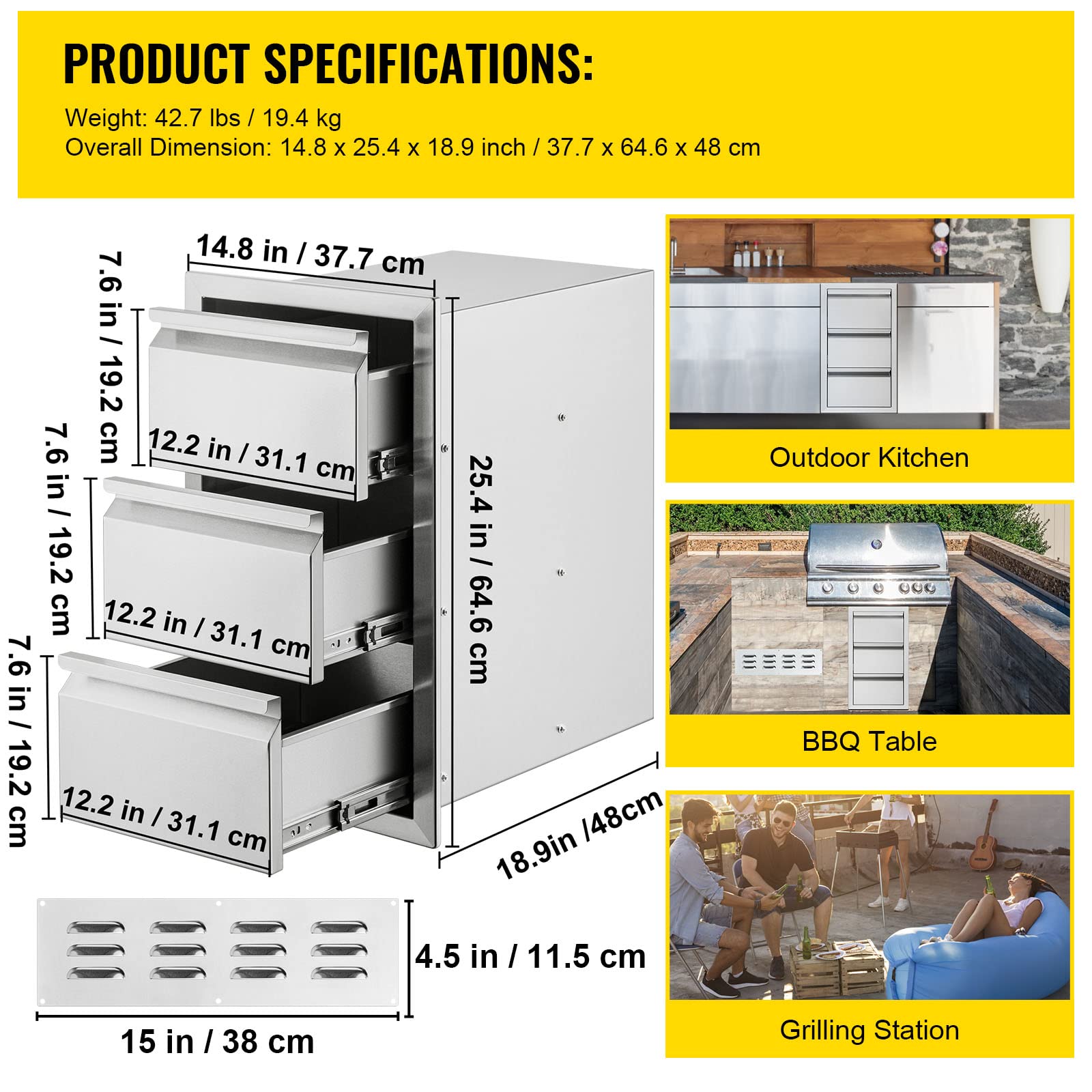 Mophorn Outdoor Kitchen Drawers 14.7" W x 25.4" H x 18.7" D, Box Frame