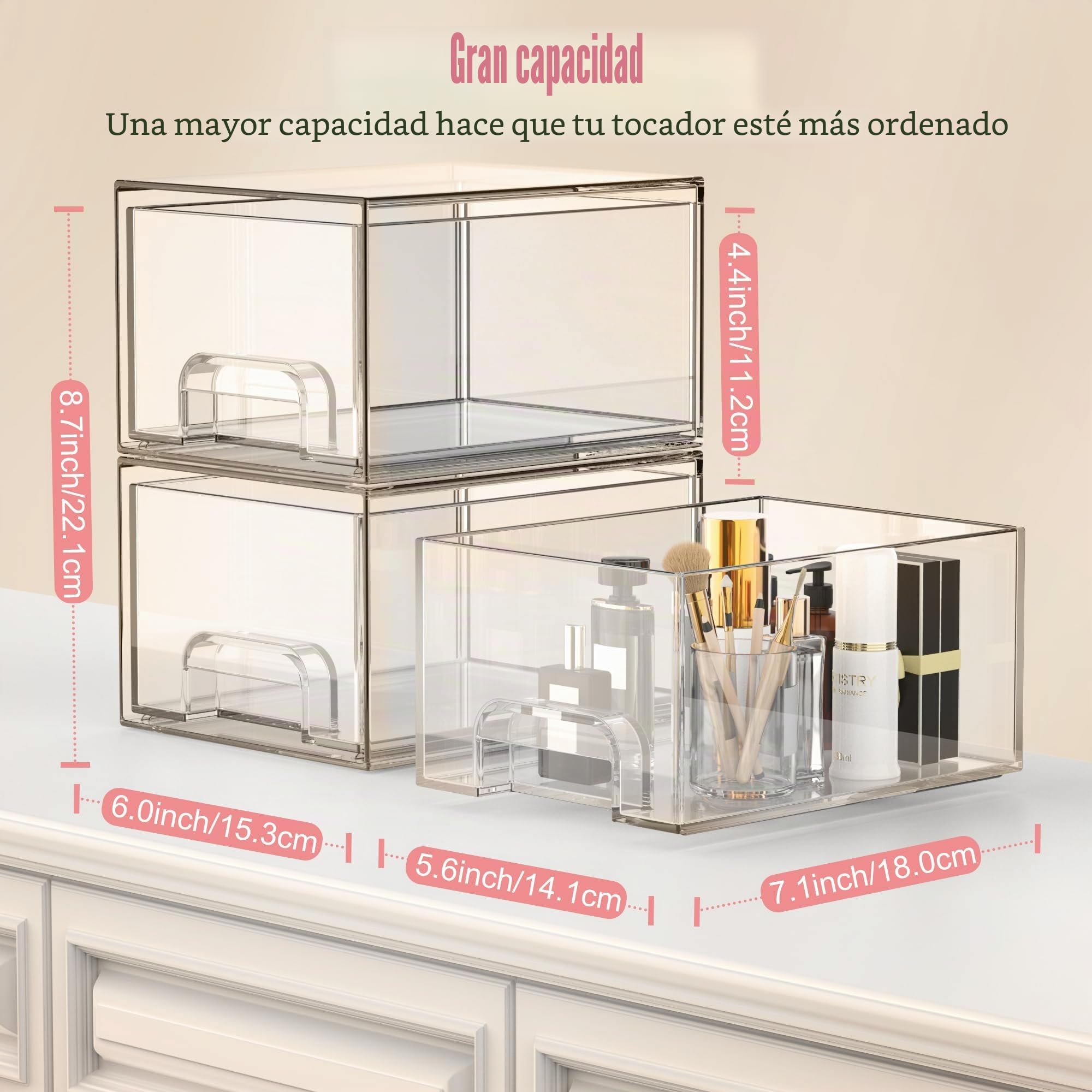 4 Piezas Organizador Apilables Transparentes, Acrílico Organizador Cajones Apilables Cajones Bañocon 32 Antideslizante Antideslizantes para Maquillaje, Baño, Tocador, Refrigerador, Oficina, Cocina