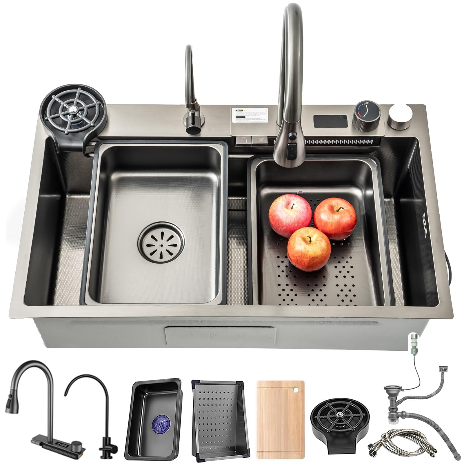 ZQFHSX Waterfall Kitchen Sink with Knife Holder, Multifunctional Stainless Steel Basin, Overmount/Undermount,for 80cm Cabinet, Integrated Drainboard and Accessories(Black grayB,85x45x21cm)