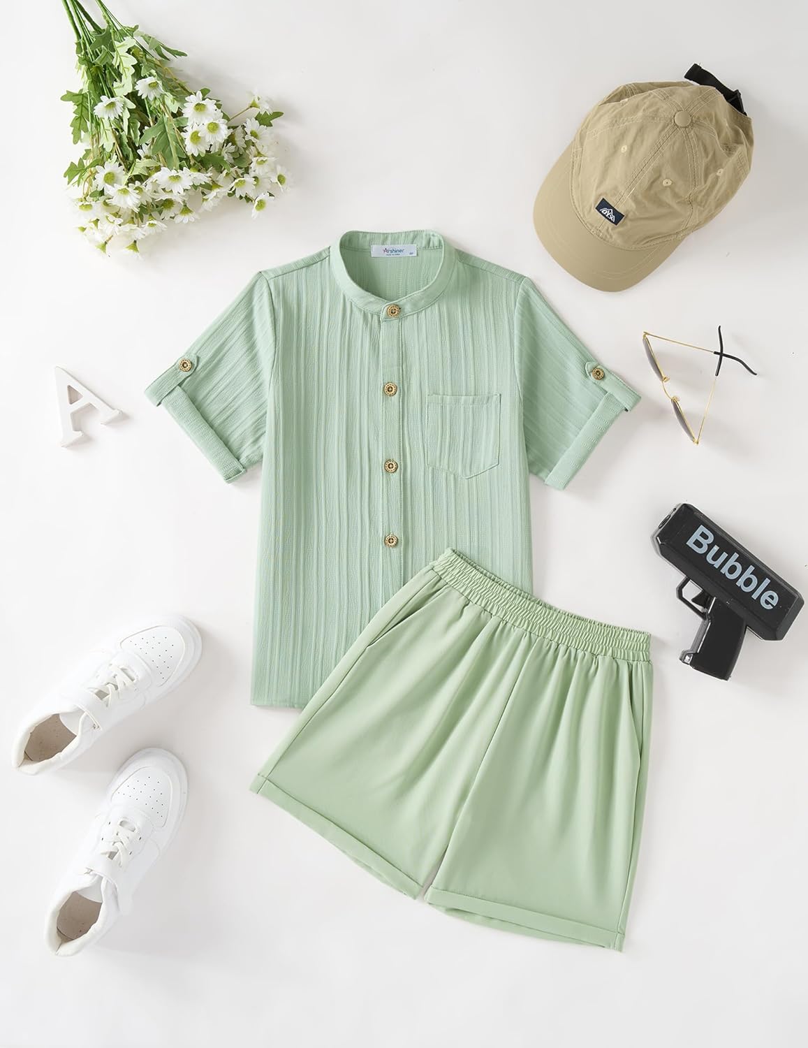 Arshiner Boy's 2 Piece Beach Outfit Short Sleeve Textured Button Down Shirt and Short Sets Summer Vacation Wear 5-12 Years - Image 7