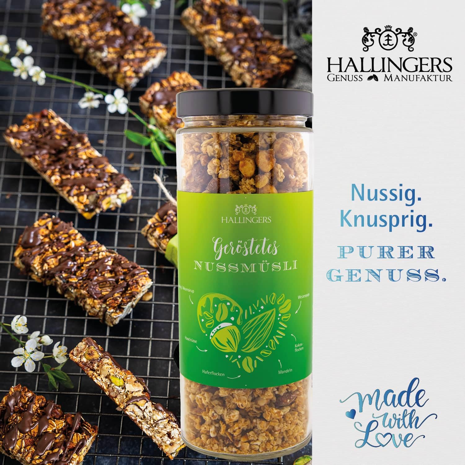 Hallingers Genuss Manufaktur Feinkost Glückwunsch-Geschenk-Set - XXL-Geschenkkorb "Viel Glück" großer Glücksgruß Pralinen, Tee, Nougat, Schoki, Duftkerze Müsli & mehr, Geschenkidee für Frauen Männer