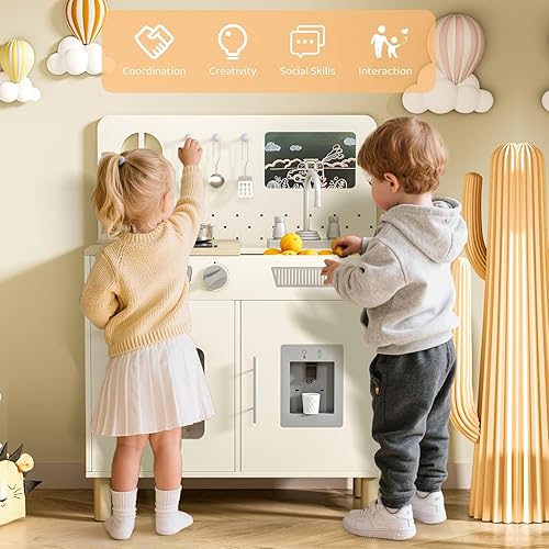 Miniatura 7 de MAMIZO Juego de cocina de madera para niños con luces y sonidos reales, cocina interactiva con sonidos de perilla, fregadero, dispensador de agua, 6