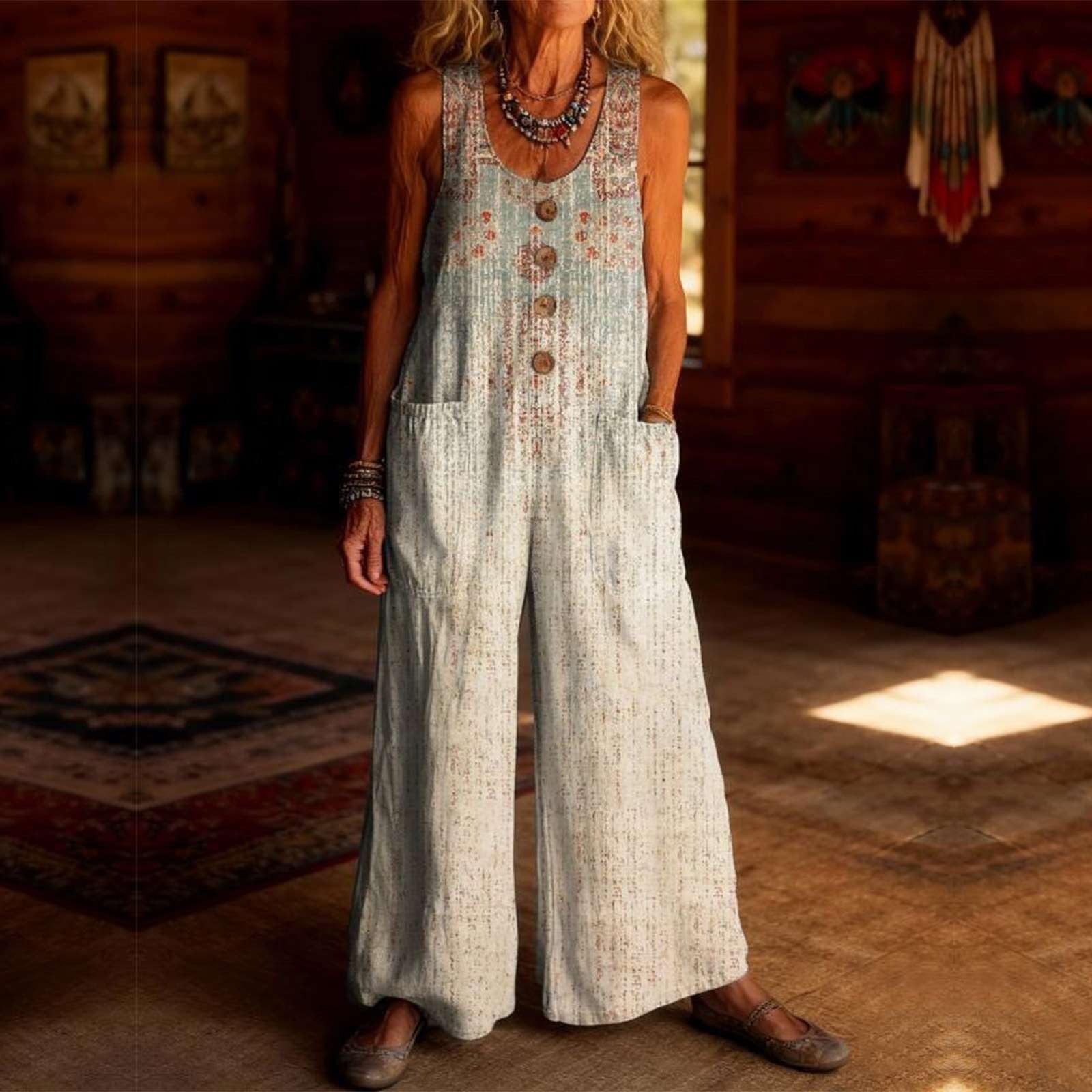 Mono Mujer Verano Peto Boho Sin Mangas Estampado Floral Pierna Ancha Botones Frontales Con Bolsillos Corte Amplio Tallas Grandes Traje Playa Ropa Vacaciones Vestuario Diario Prenda
