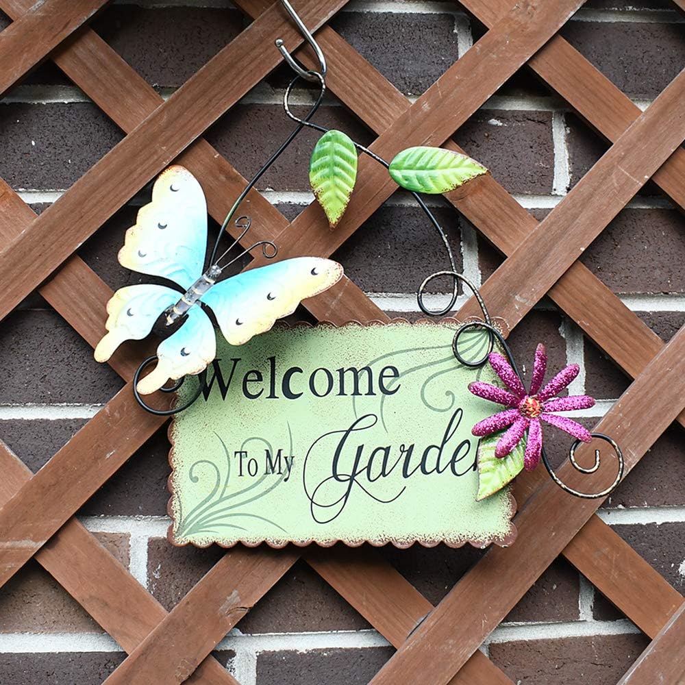Garden Welcome Signs Metal Hanging Yard Art Decorative Outdoor Garden Signs with Butterfly Flower Decor