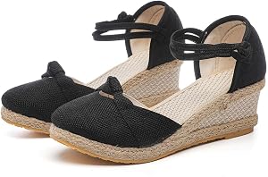 Women's Espadrille Platform Wedge Sandals Closed Toe Ankle Strap Summer Shoes Cute Straw Dress Sandal for Vacation Party