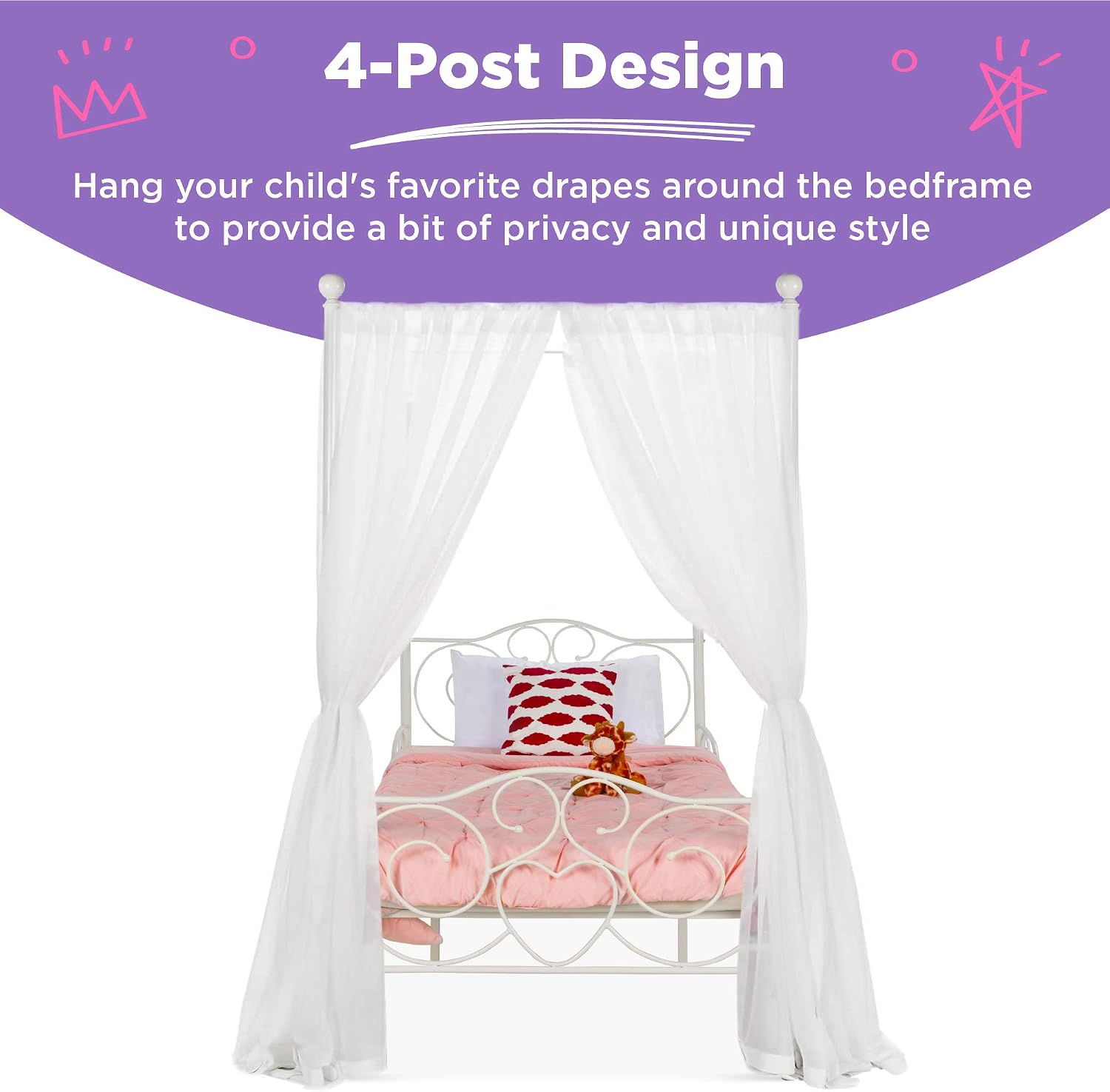 Best Choice Products 4-Post Metal Canopy Twin Bed Frame for Kids Bedroom, Guest Room w/Heart Scroll Design, 14-Slat Support System, Headboard, Footboard - White