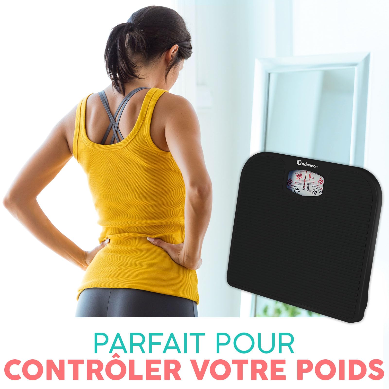Adamson A21 Pese Personnes Mecanique Pour Poids Corporel- Jusqu’à 136 KG - Surface en Caoutchouc Antidérapant - Pese Personne Analogique - Durable 20 Ans de Protection - Noir Intégral