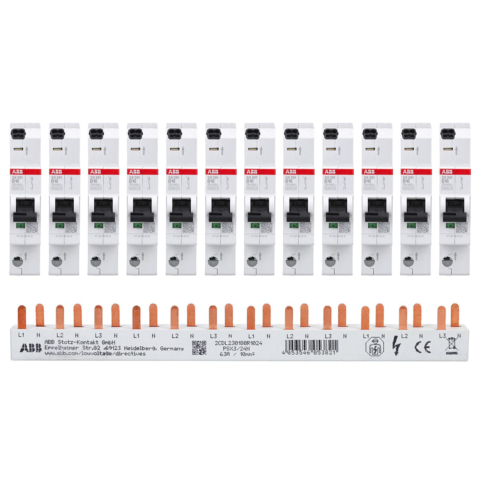 ABB FlexLine Set: 12x SX201-B16 Sicherungsautomat B16 & Phasenschiene | LS-Schalter Set mit PSX3/24N Schiene 1-polig + N, Push-In Technik für schneller Installation im Verteilerkasten