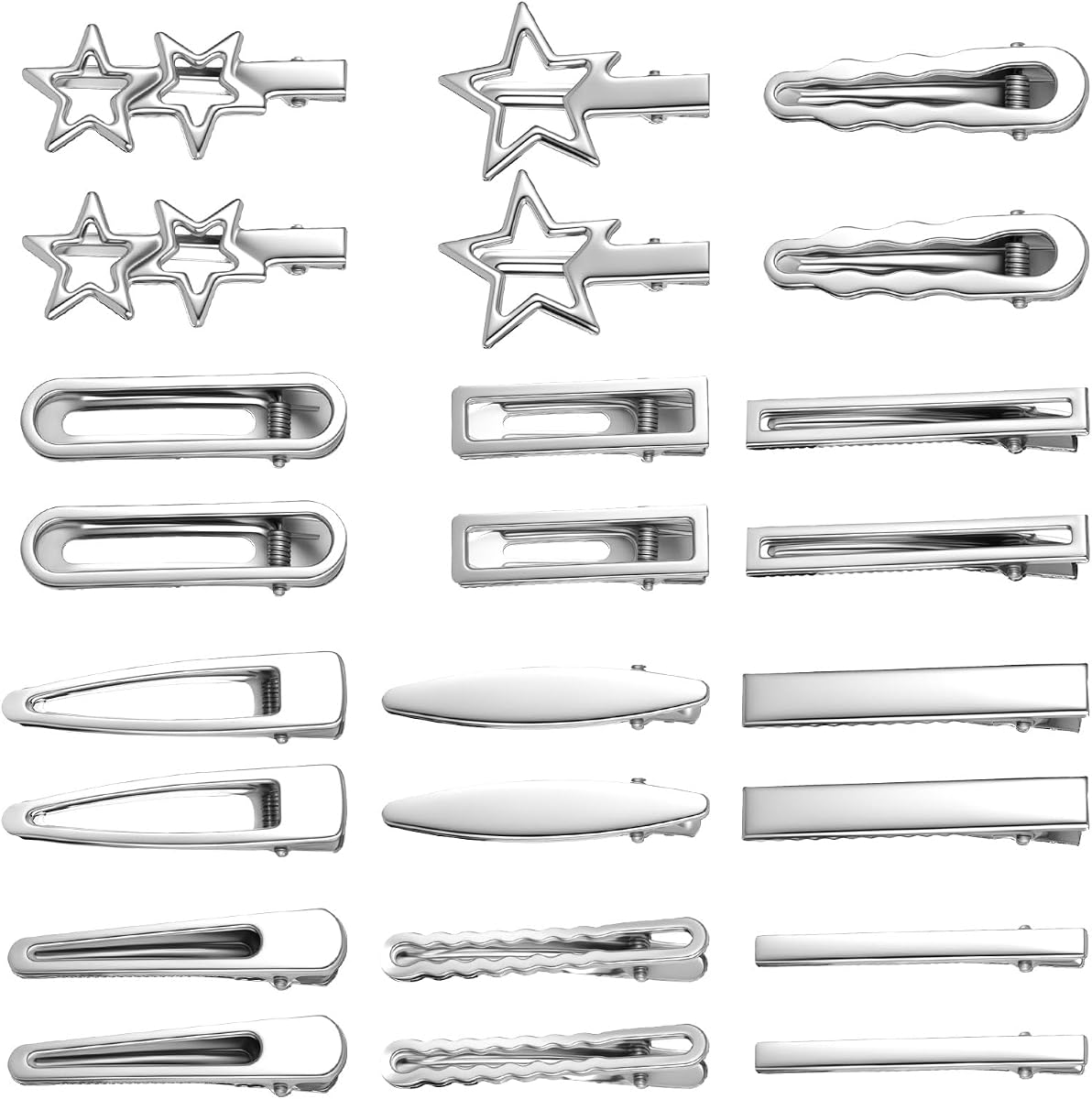 24 PCS Y2k Hair Clips Silver Hair Clips for Women, 12 Shapes Metal Silver Hair Accessories for Girls Star Hairclips Metal Barrettes Alligator Clips for Hair Styling Star Hairpin Cool Hairpin Set